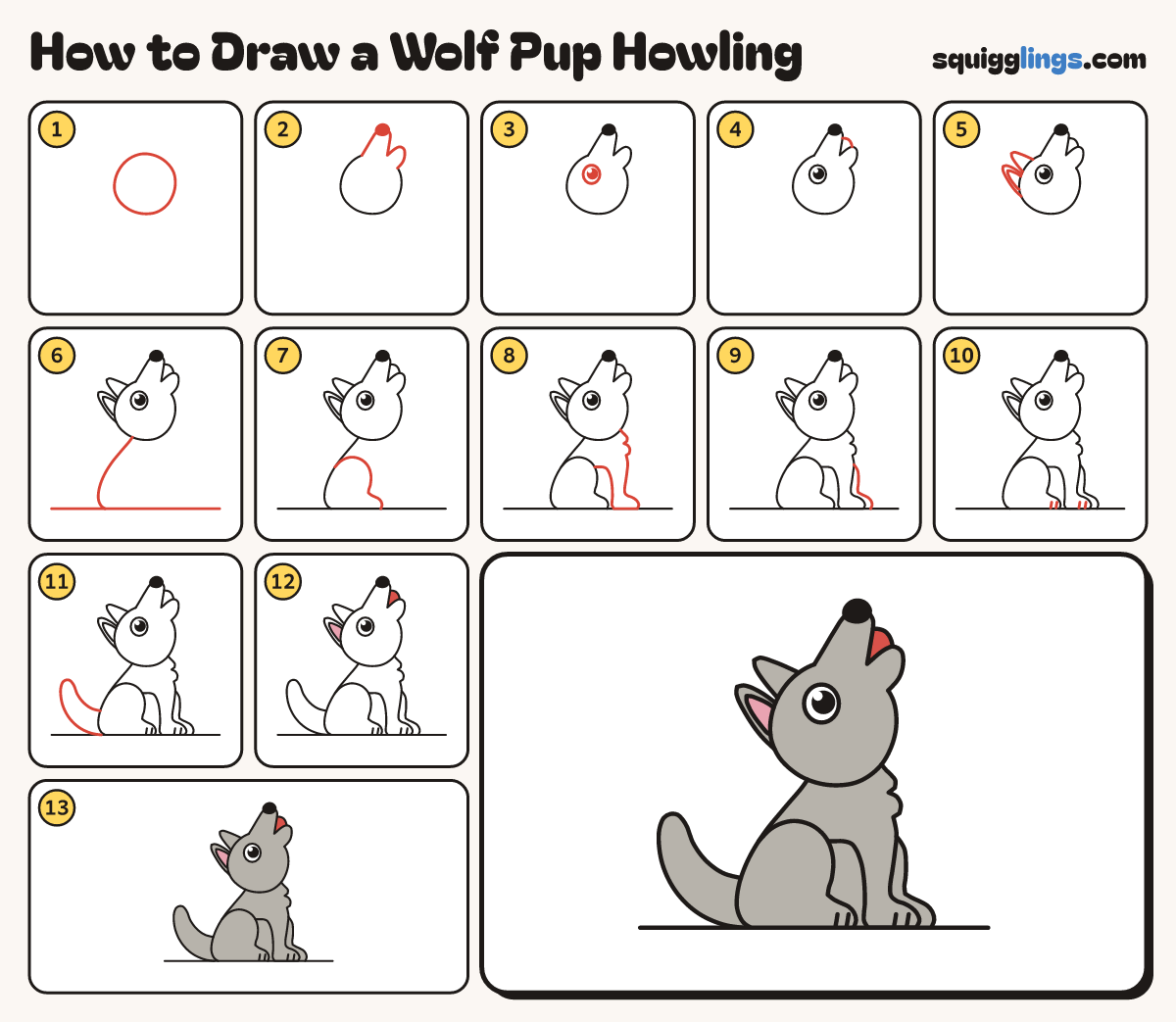 How to Draw a Wolf Pup Howling step by step: all 13 steps in one picture