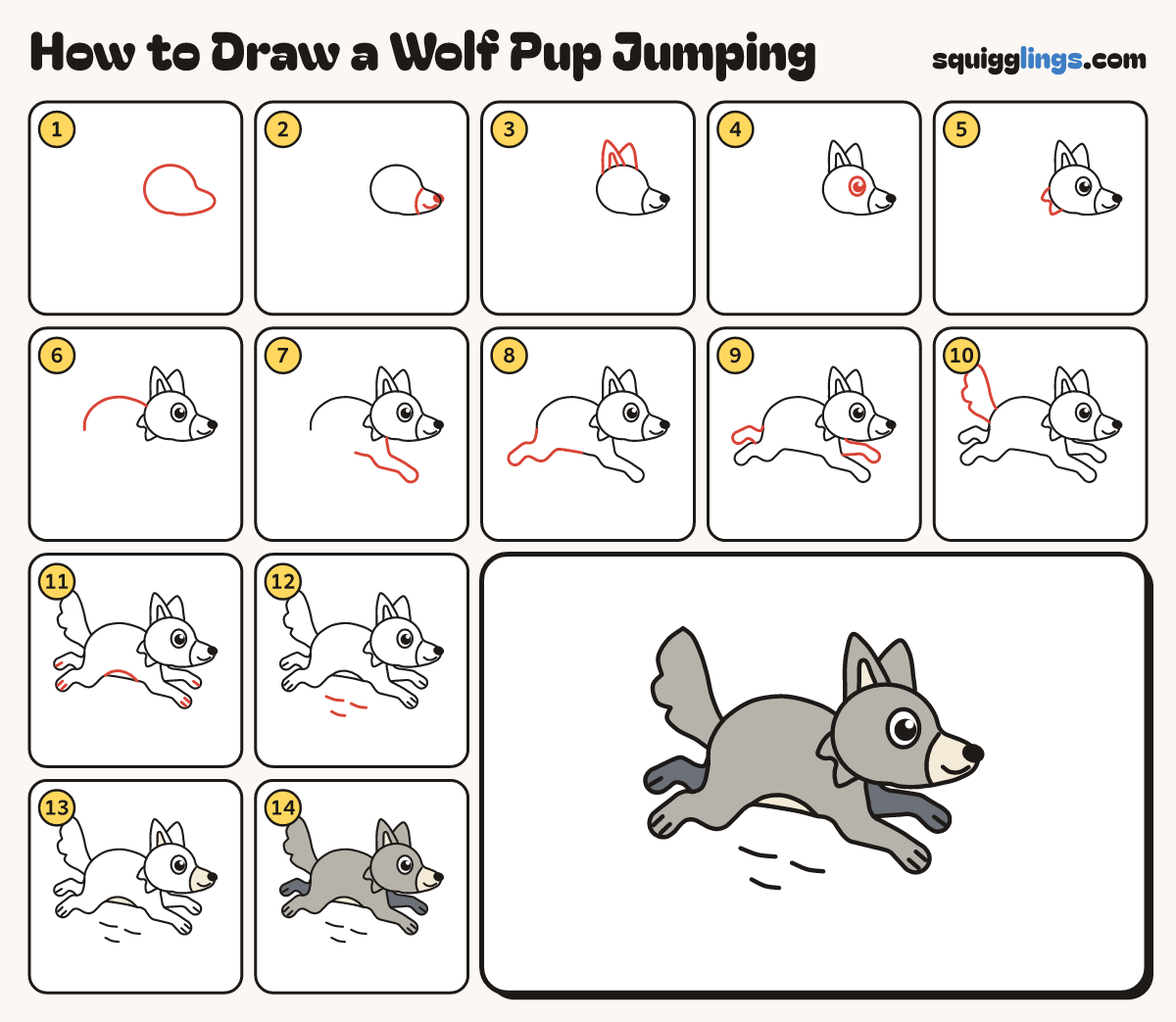 How to Draw a Wolf Pup Jumping step by step: all 14 steps in one picture