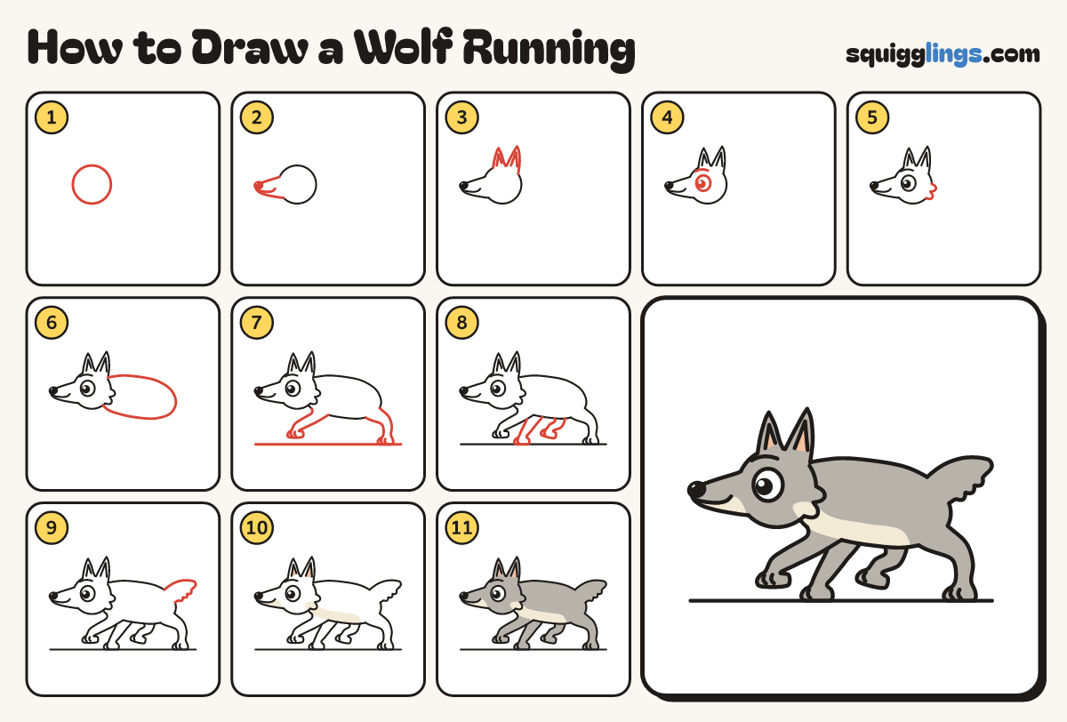 How to Draw a Wolf Running step by step: all 11 steps in one picture
