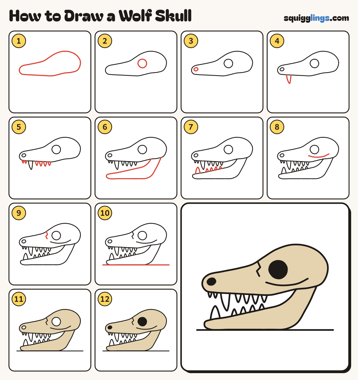 How to Draw a Wolf Skull step by step: all 12 steps in one picture