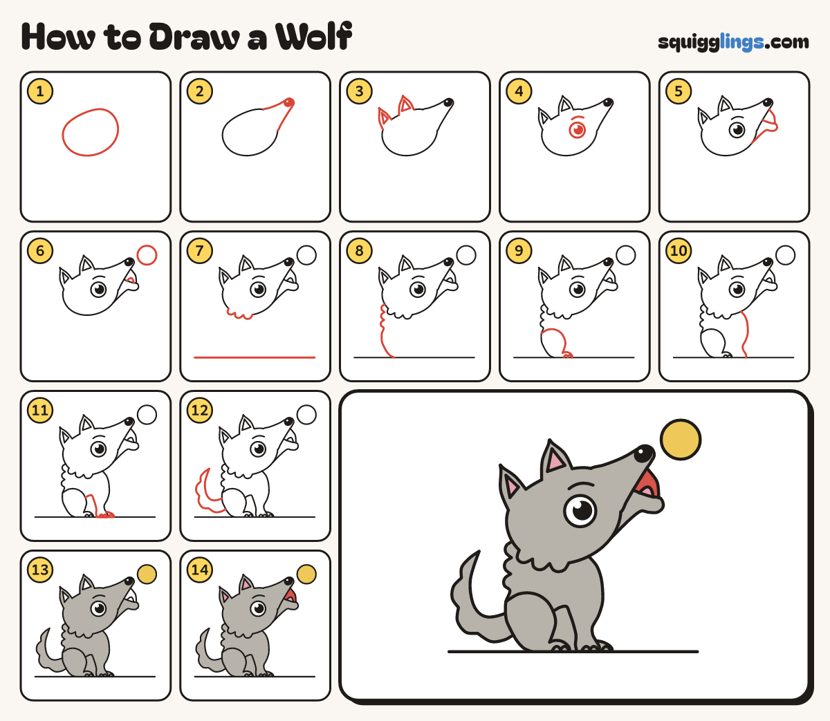 How to Draw a Wolf step by step: all 14 steps in one picture