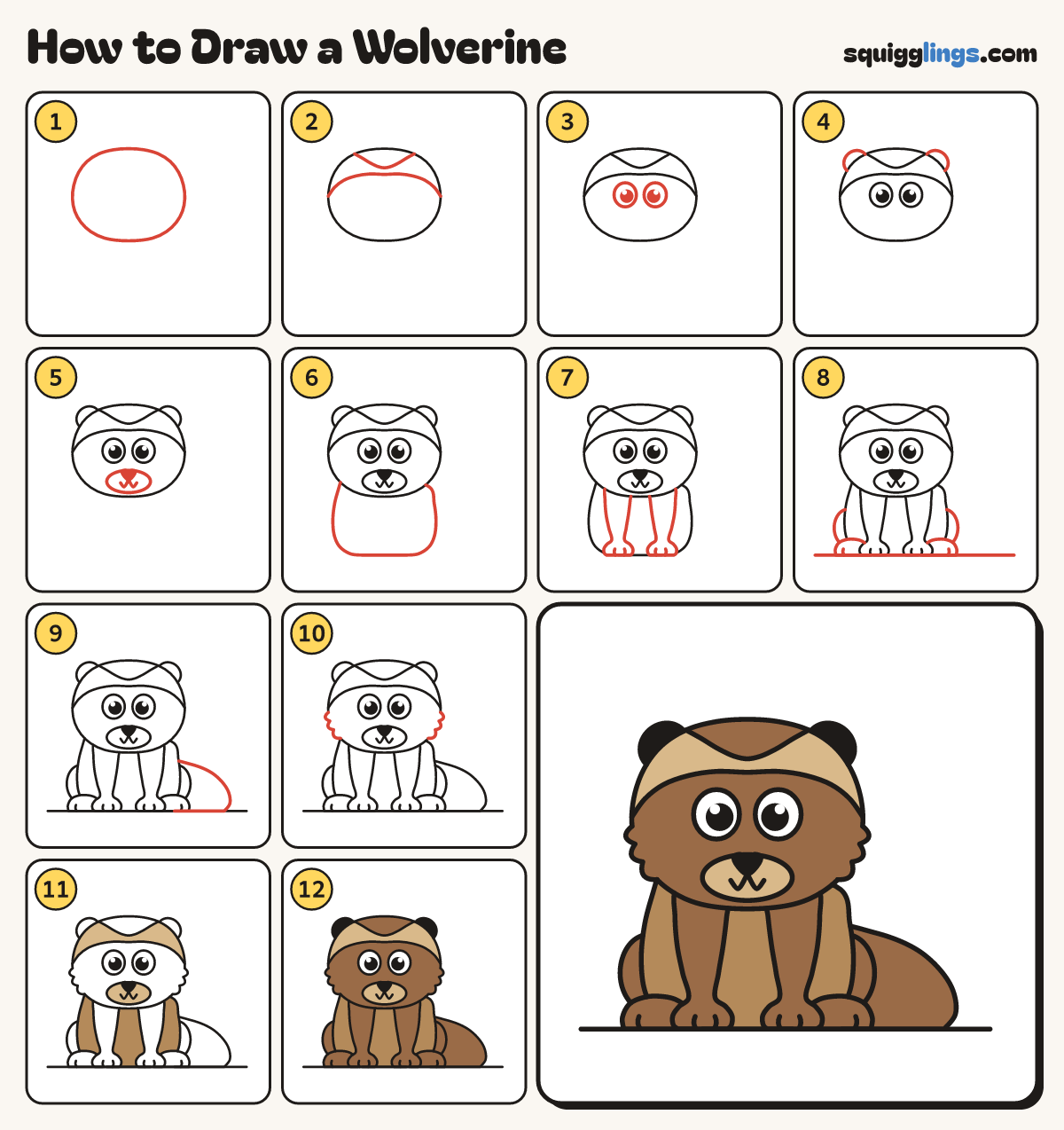 How to Draw a Wolverine step by step: all 12 steps in one picture