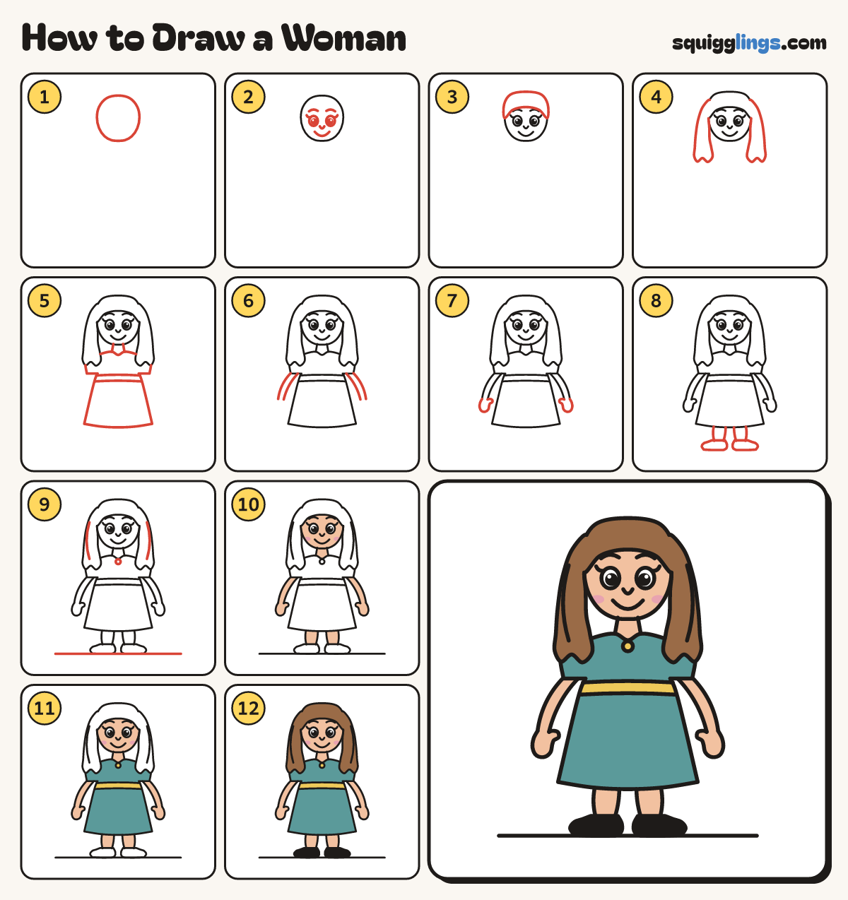 How to Draw a Woman step by step: all 12 steps in one picture
