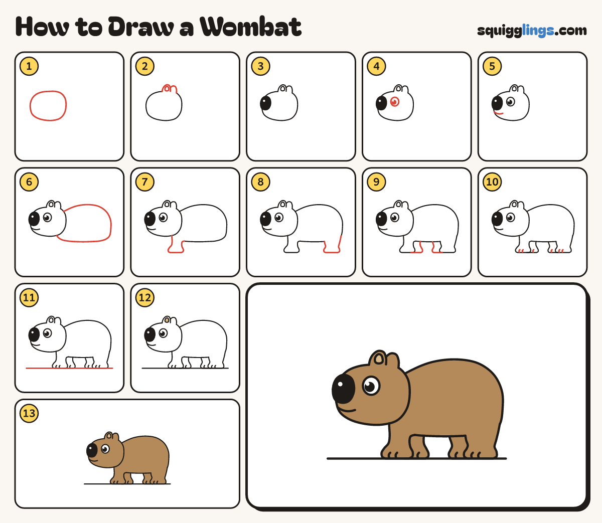 How to Draw a Wombat step by step: all 13 steps in one picture