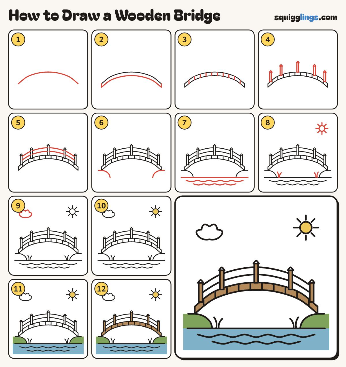 How to Draw a Wooden Bridge step by step: all 12 steps in one picture