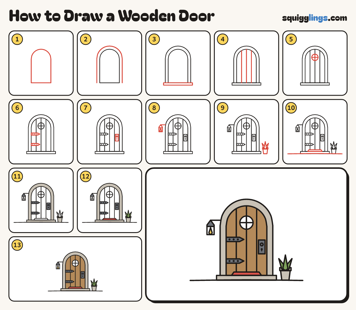 How to Draw a Wooden Door step by step: all 13 steps in one picture