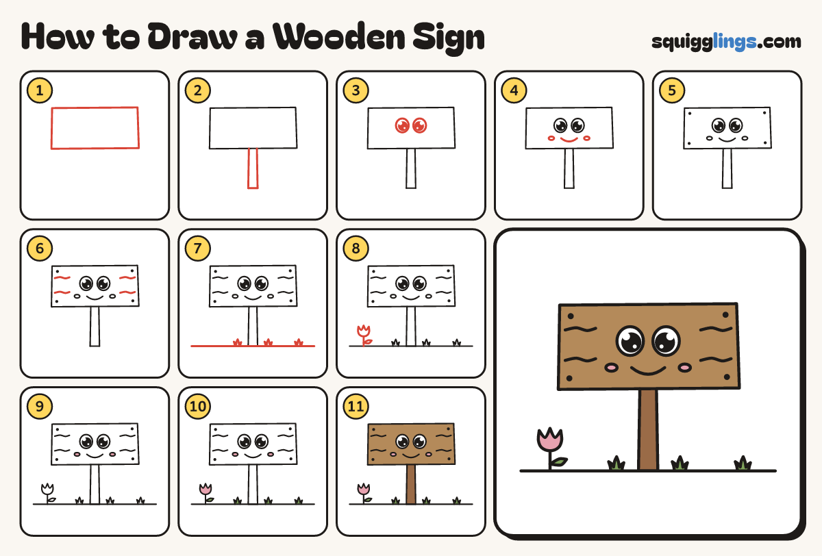 How to Draw a Wooden Sign step by step: all 11 steps in one picture