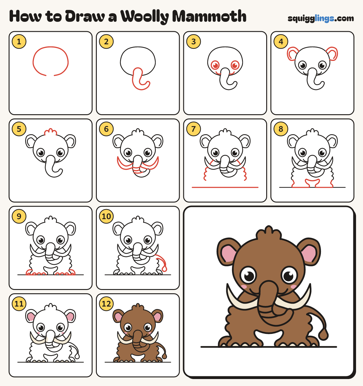How to Draw a Woolly Mammoth step by step: all 12 steps in one picture