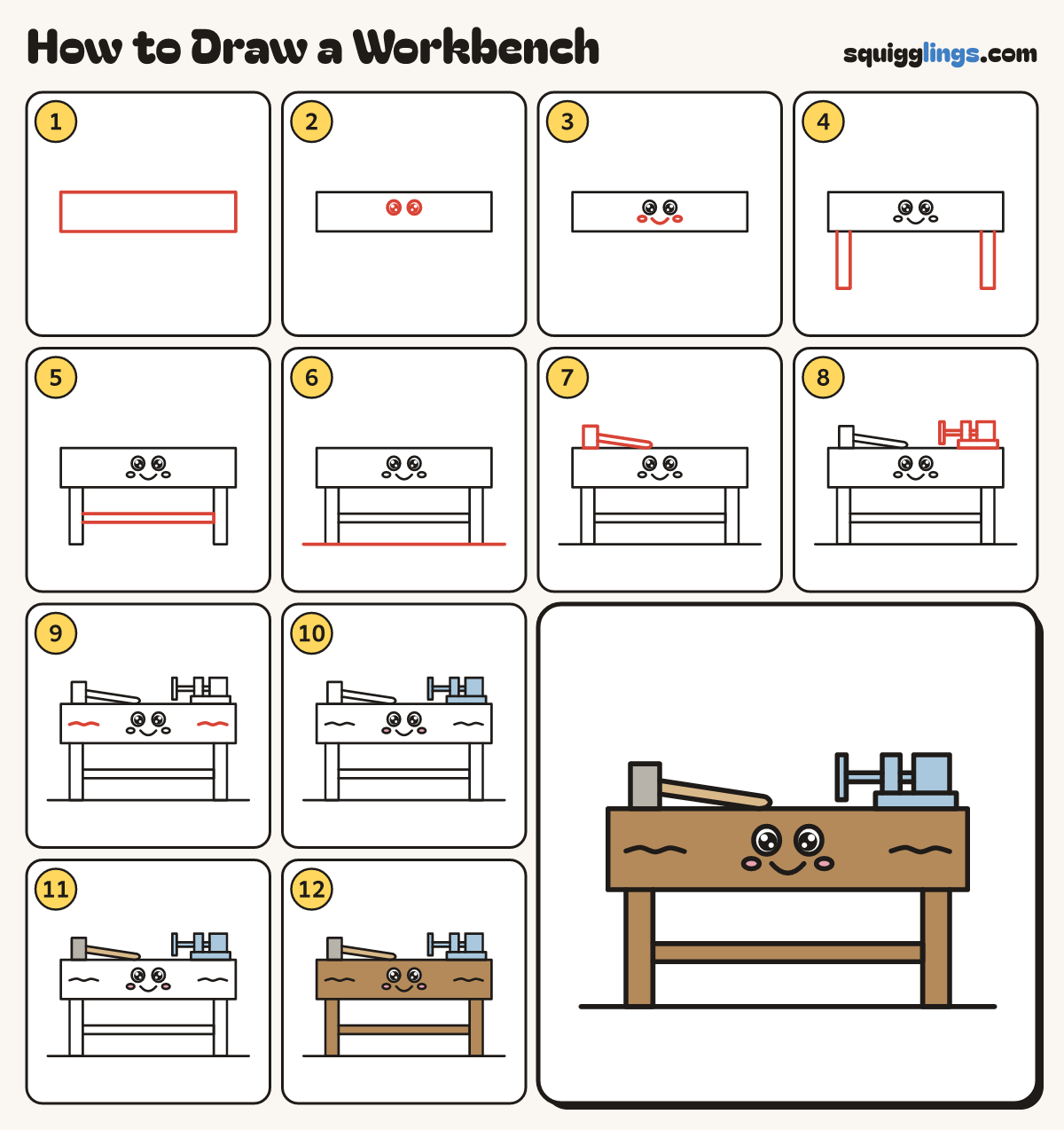 How to Draw a Workbench step by step: all 12 steps in one picture