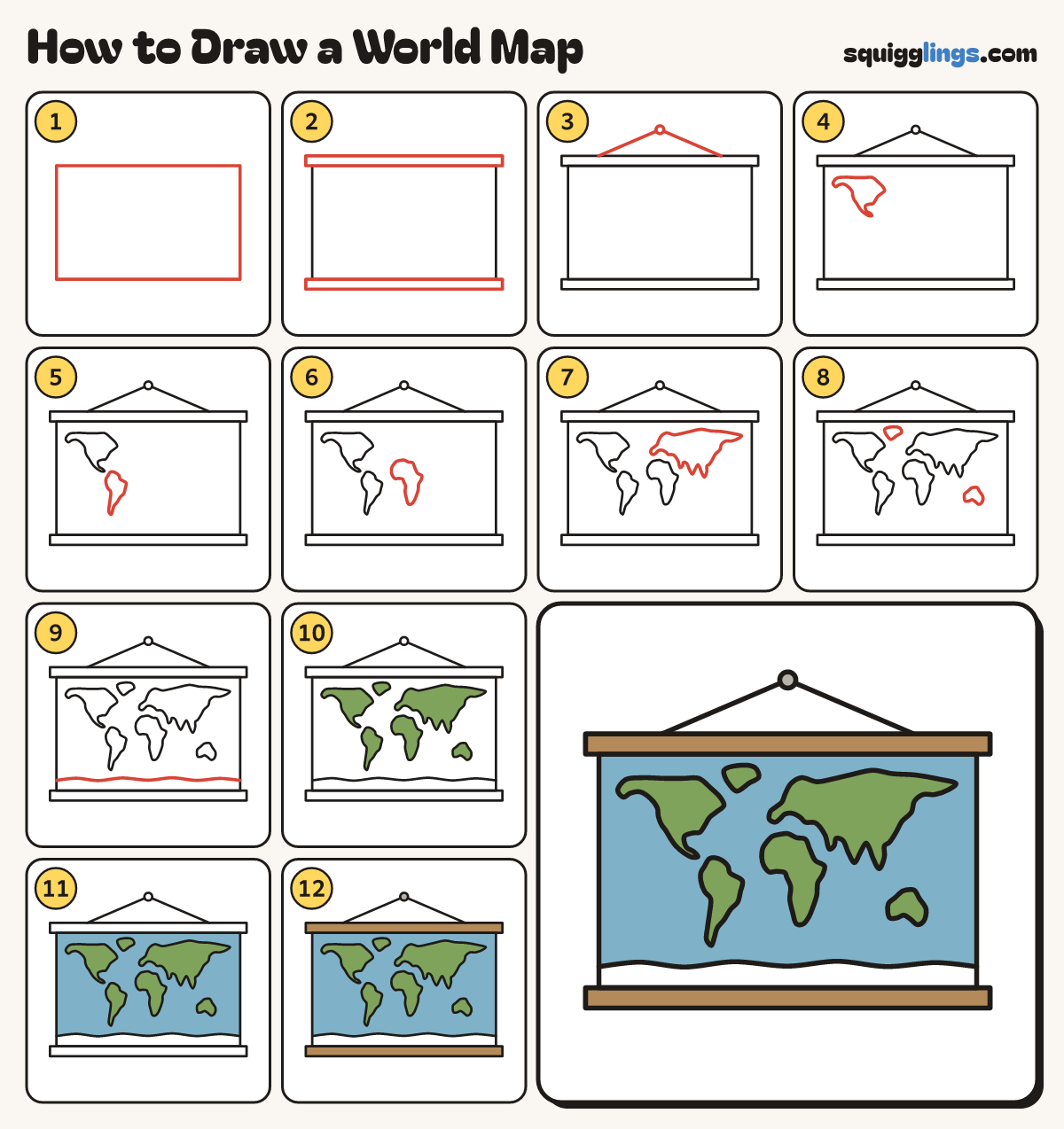 How to Draw a World Map step by step: all 12 steps in one picture