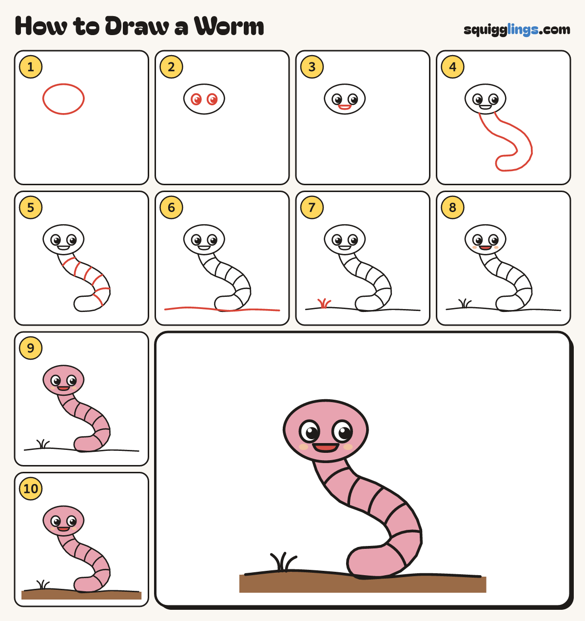 How to Draw a Worm step by step: all 10 steps in one picture
