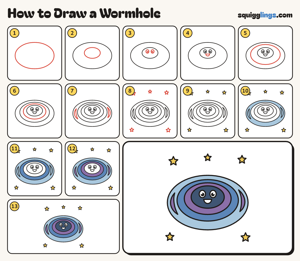 How to Draw a Wormhole step by step: all 13 steps in one picture