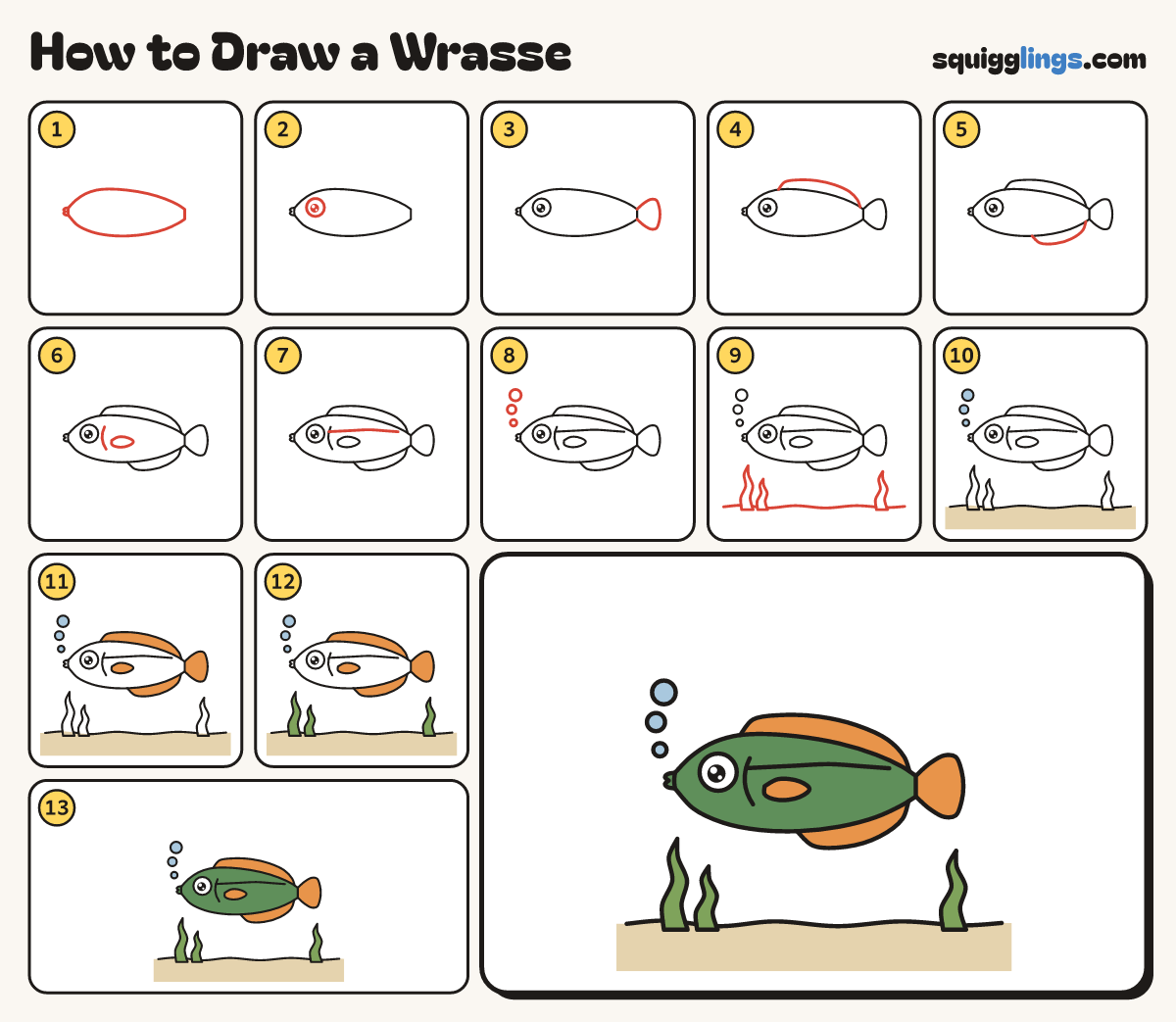 How to Draw a Wrasse step by step: all 13 steps in one picture