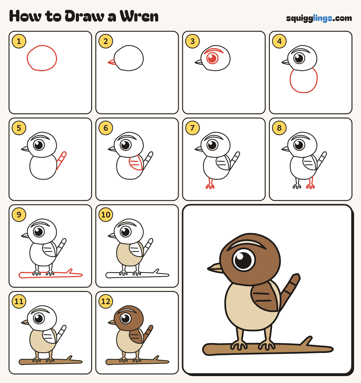 How to Draw a Wren step by step: all 12 steps in one picture