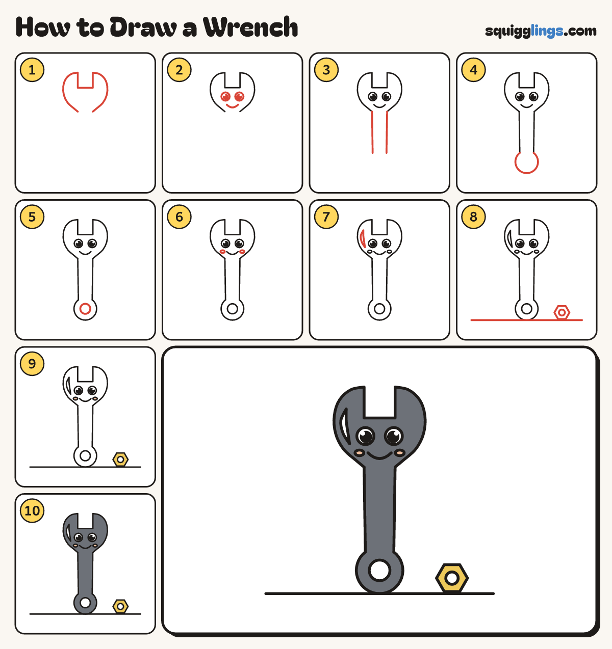 How to Draw a Wrench step by step: all 10 steps in one picture