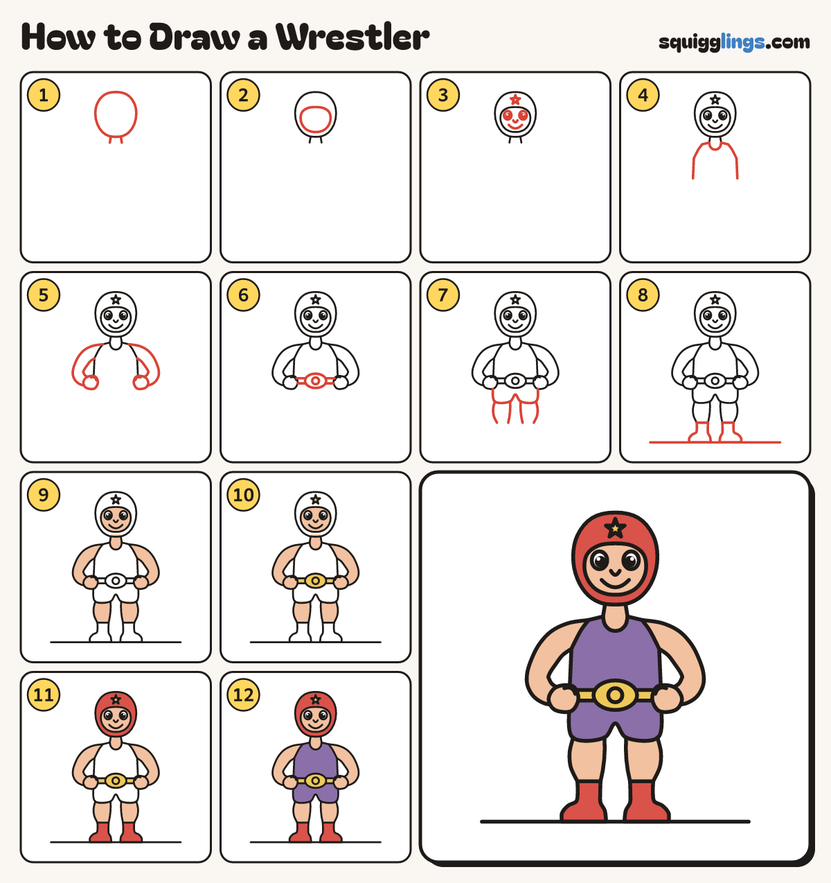 How to Draw a Wrestler step by step: all 12 steps in one picture