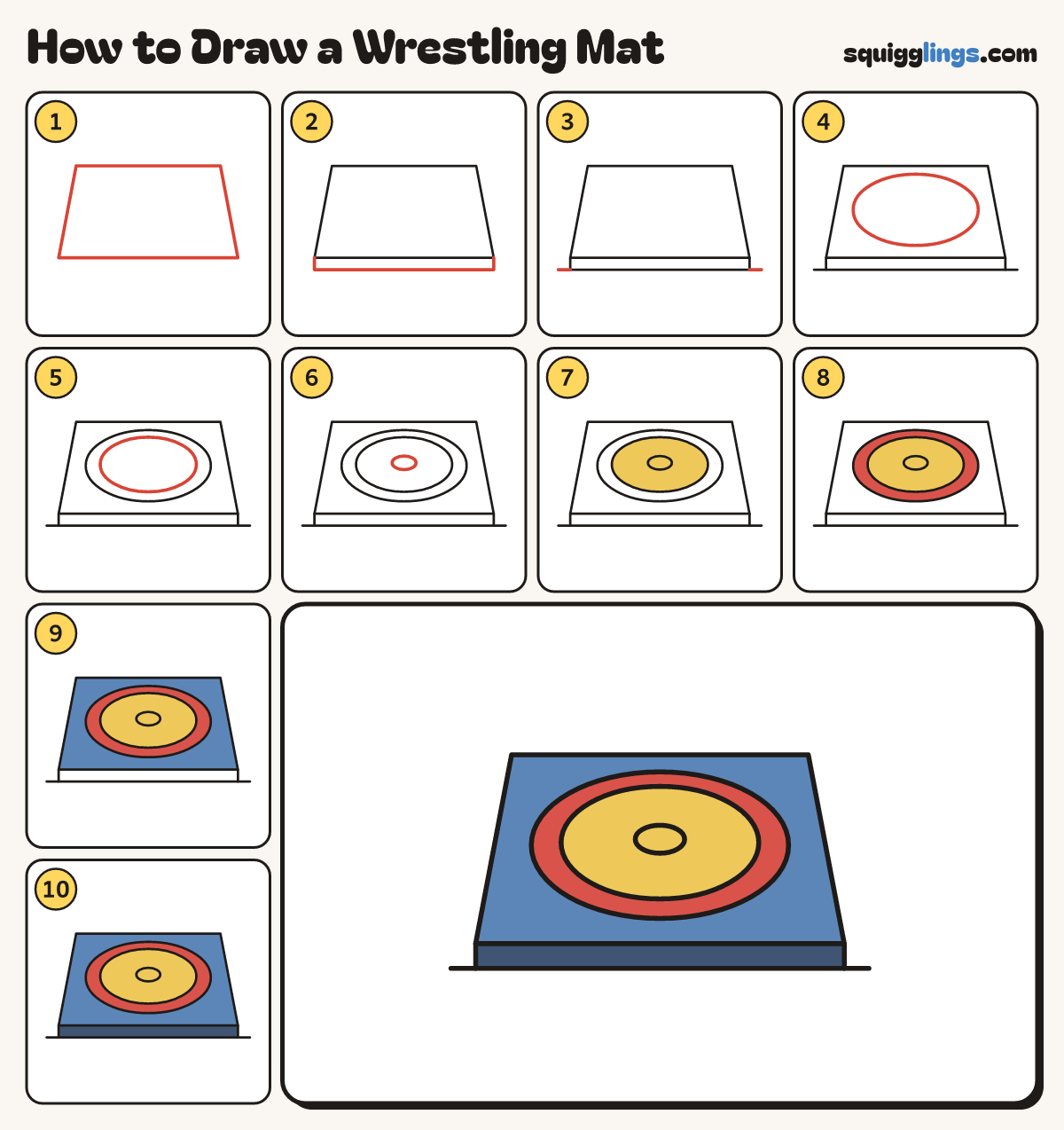 How to Draw a Wrestling Mat step by step: all 10 steps in one picture