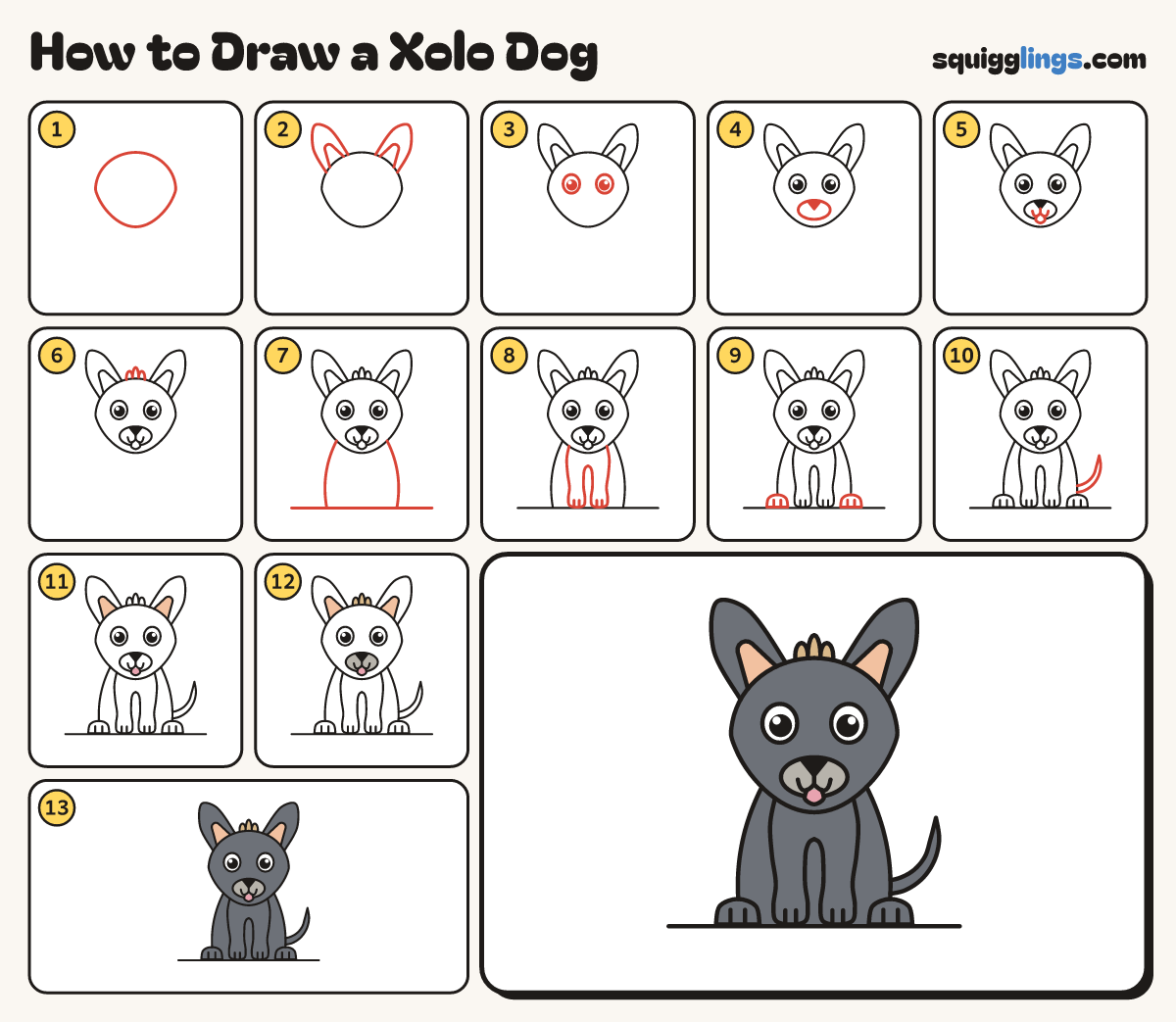 How to Draw a Xolo Dog step by step: all 13 steps in one picture