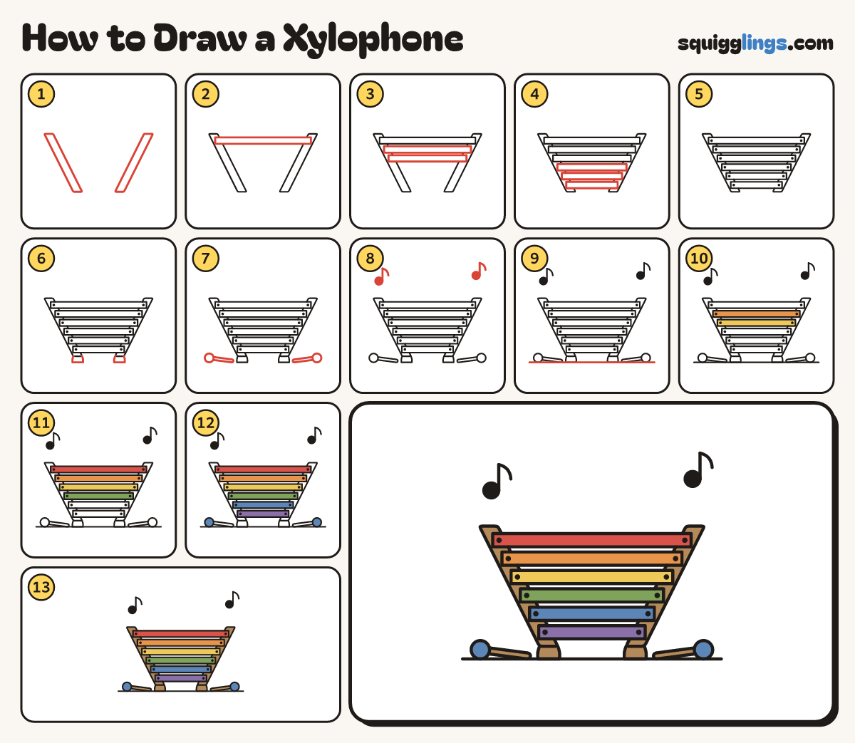 How to Draw a Xylophone step by step: all 13 steps in one picture