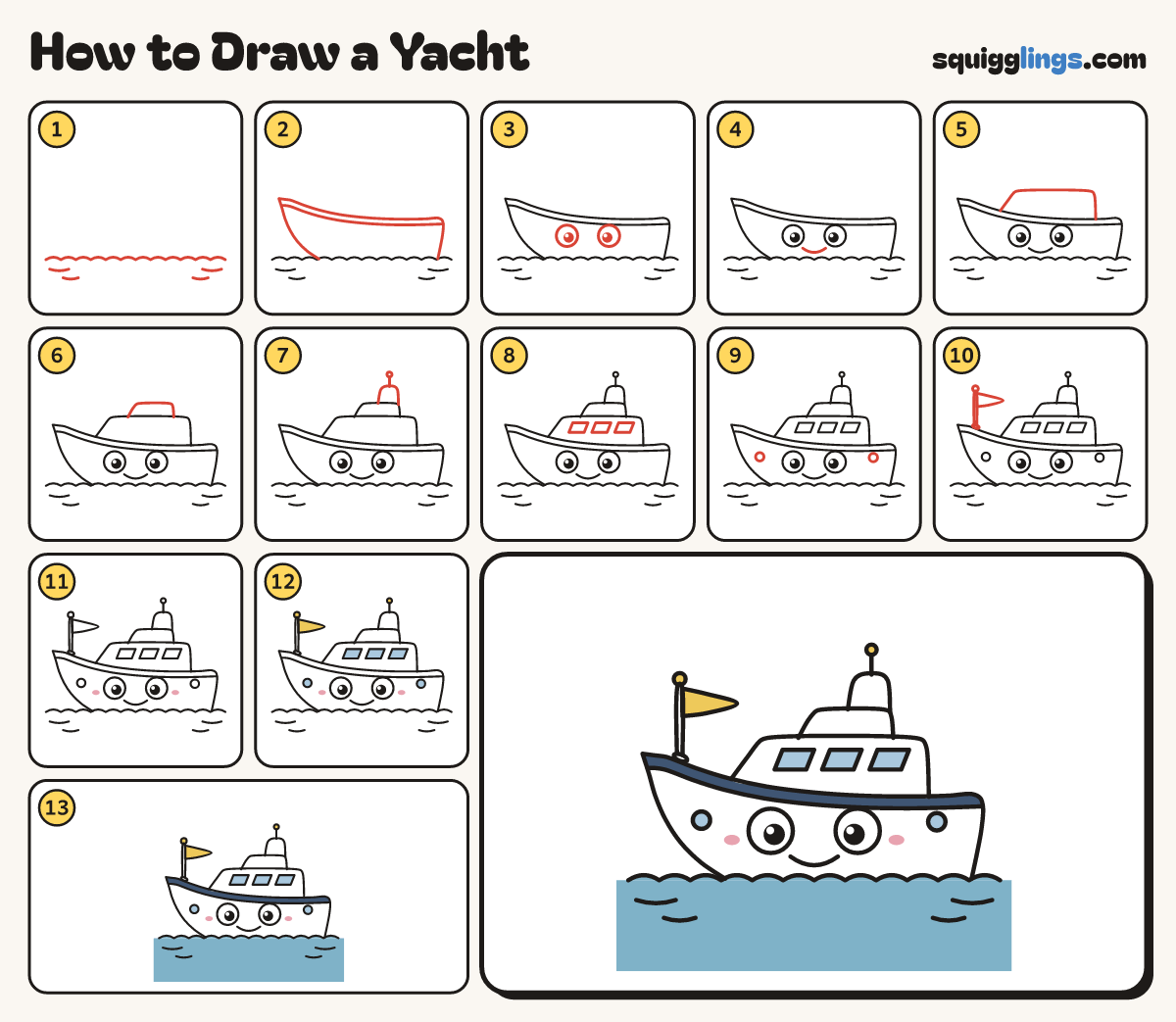 How to Draw a Yacht step by step: all 13 steps in one picture