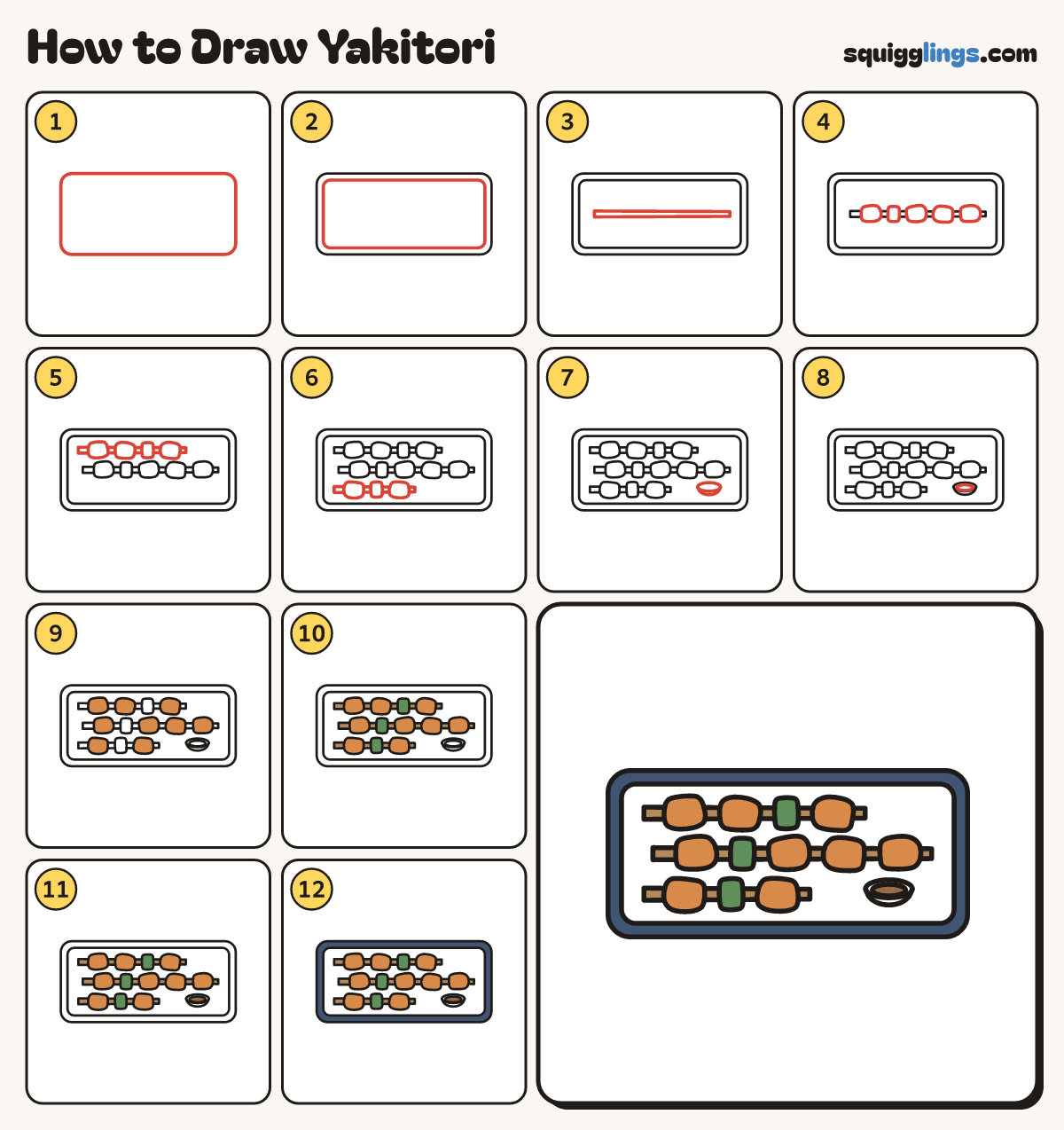 How to Draw Yakitori step by step: all 12 steps in one picture