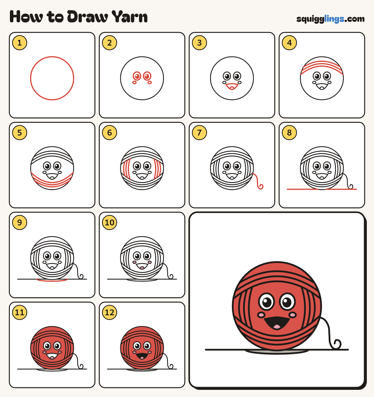 How to Draw Yarn step by step: all 12 steps in one picture