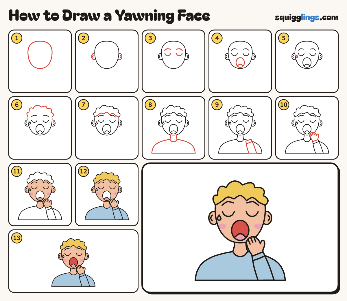 How to Draw a Yawning Face step by step: all 13 steps in one picture