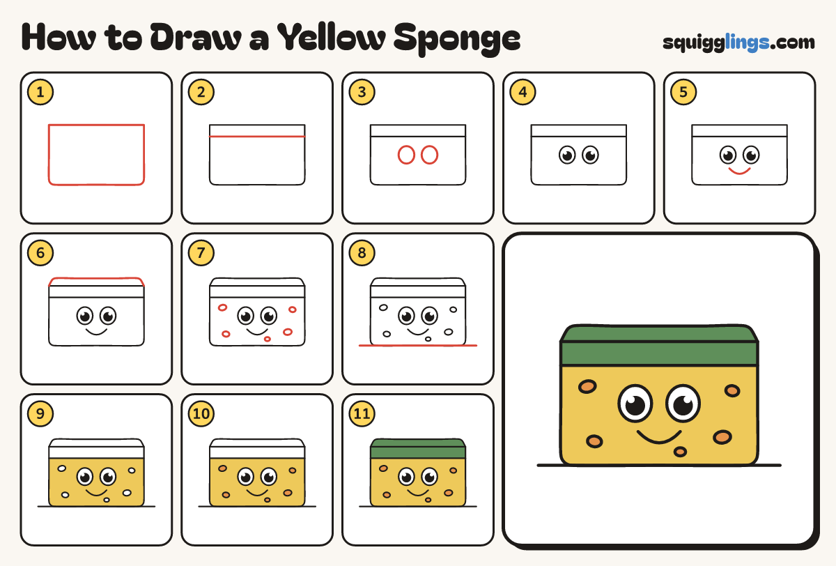 How to Draw a Yellow Sponge step by step: all 11 steps in one picture
