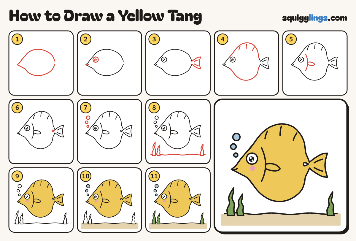 How to Draw a Yellow Tang step by step: all 11 steps in one picture