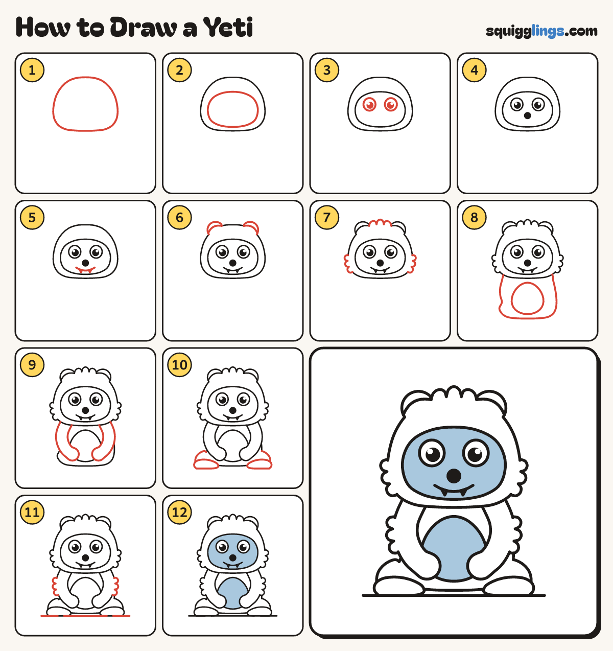 How to Draw a Yeti step by step: all 12 steps in one picture