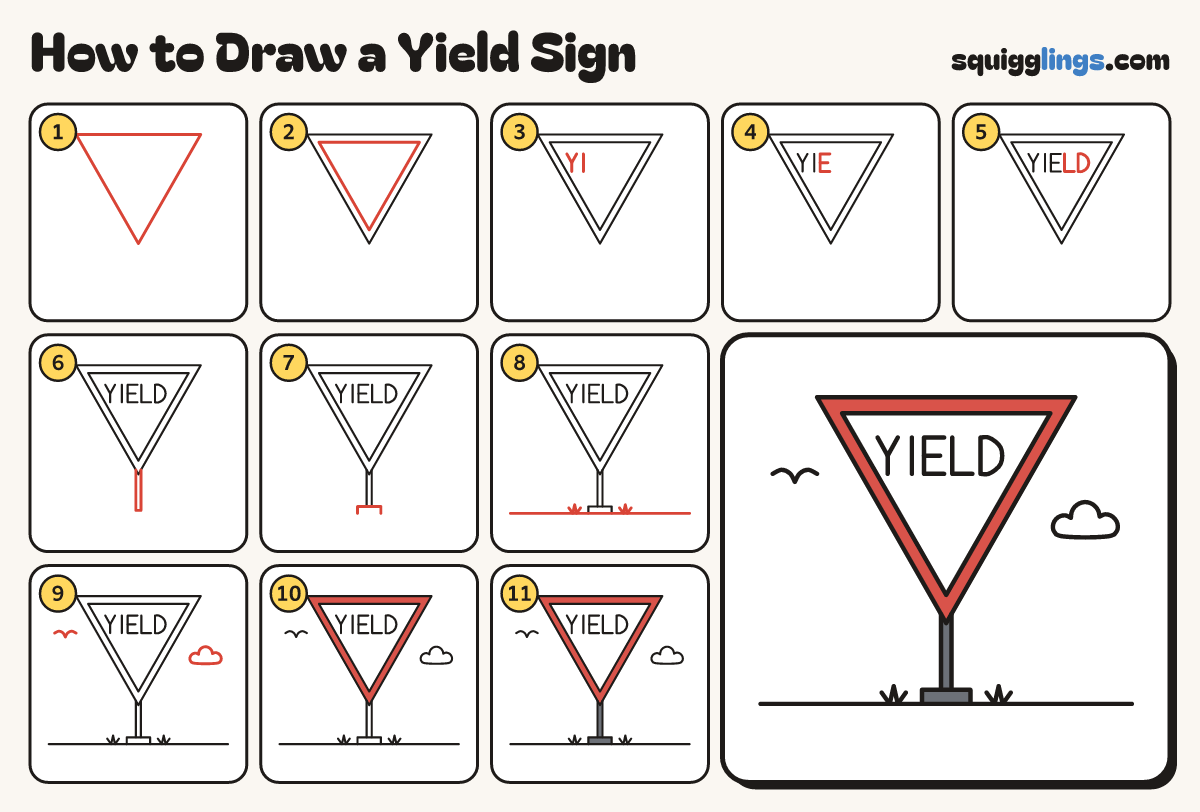 How to Draw a Yield Sign step by step: all 11 steps in one picture