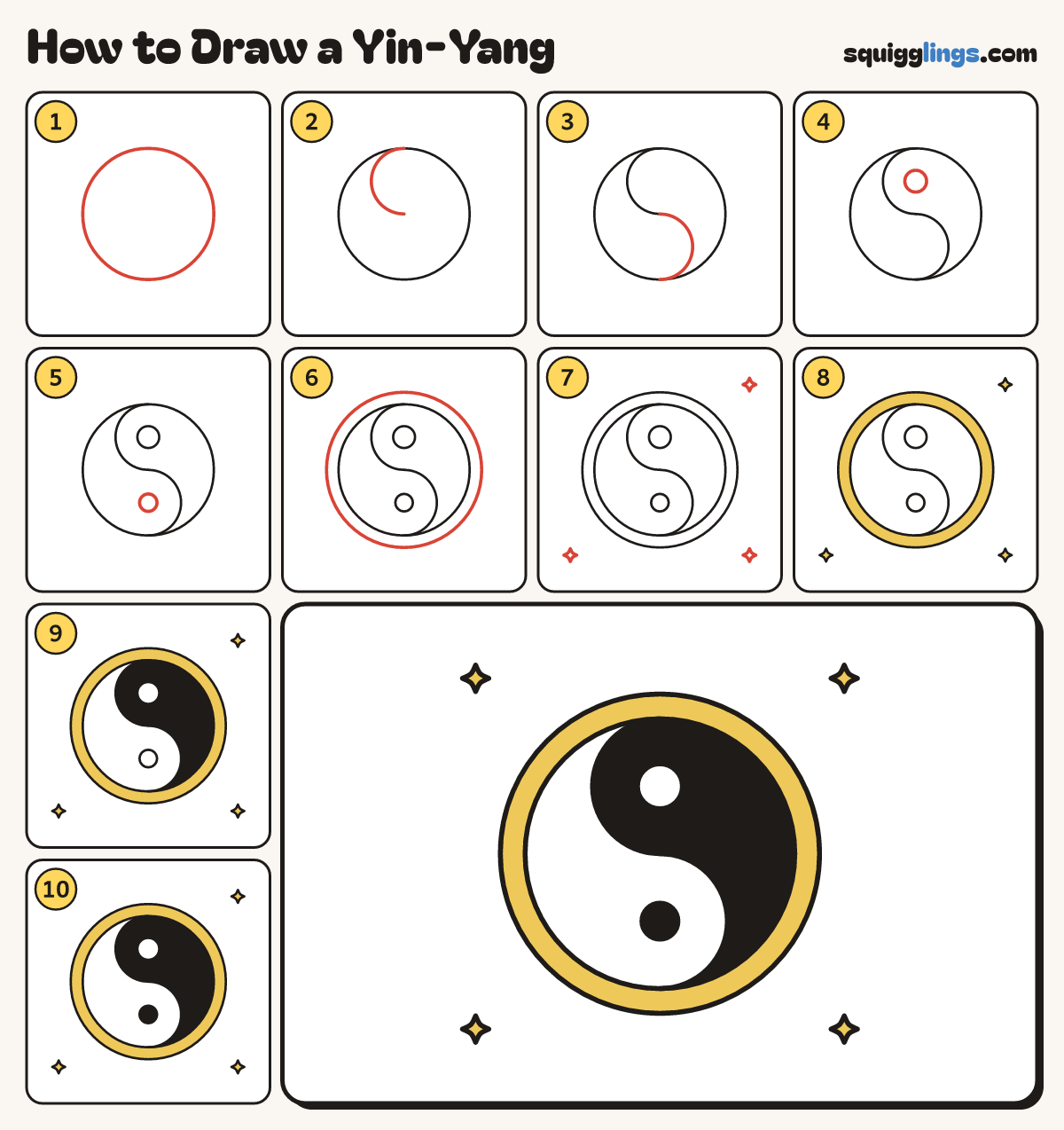 How to Draw a Yin-Yang step by step: all 10 steps in one picture