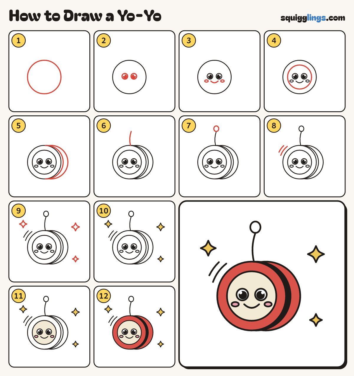 How to Draw a Yo-Yo step by step: all 12 steps in one picture