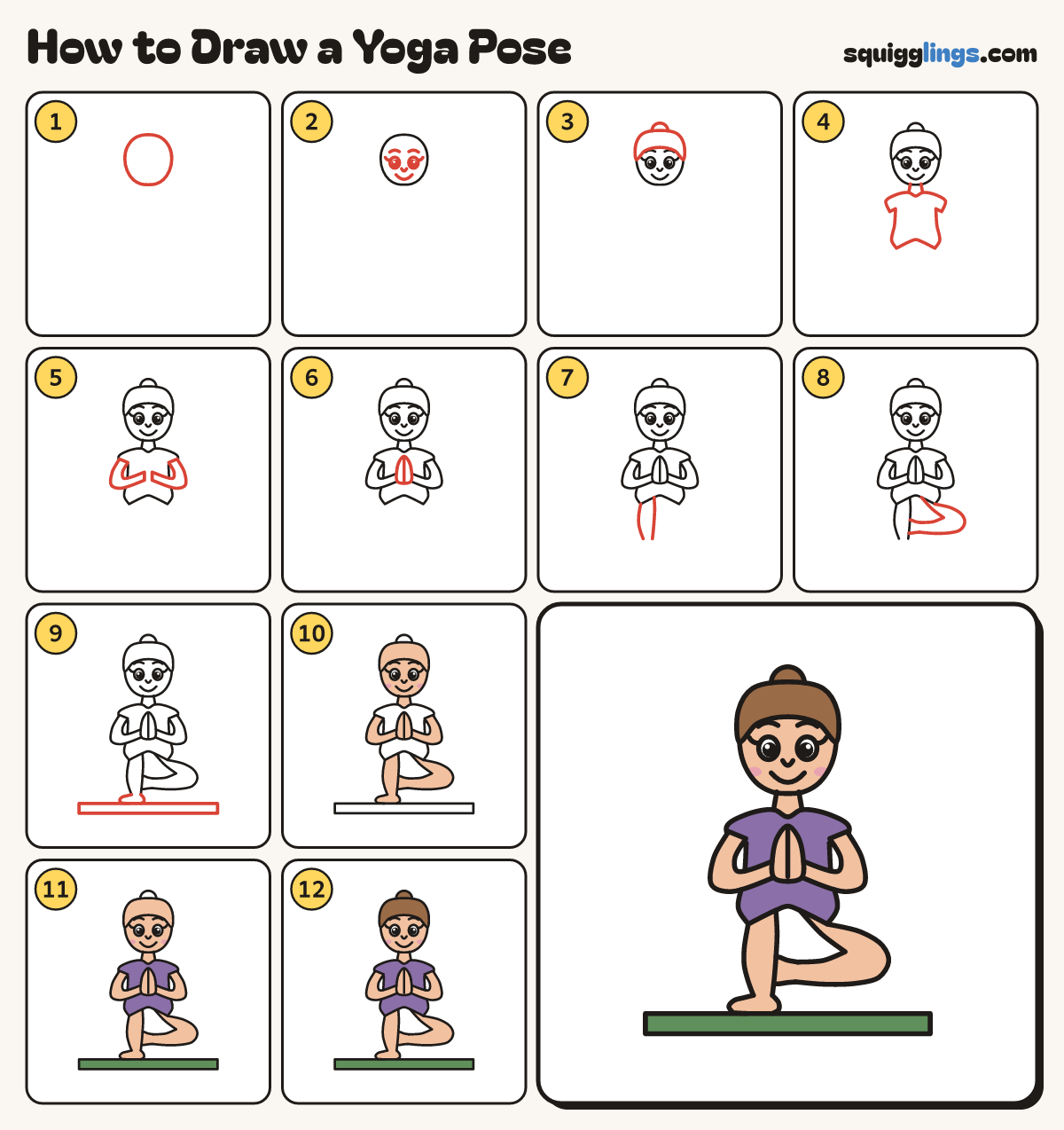 How to Draw a Yoga Pose step by step: all 12 steps in one picture
