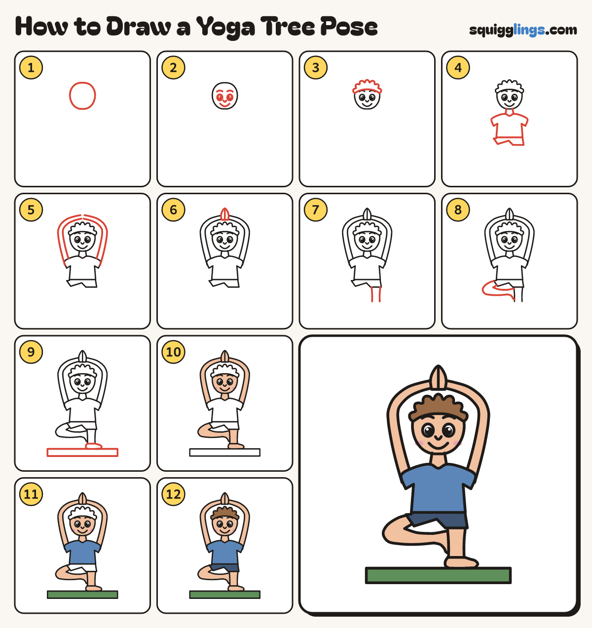 How to Draw a Yoga Tree Pose step by step: all 12 steps in one picture