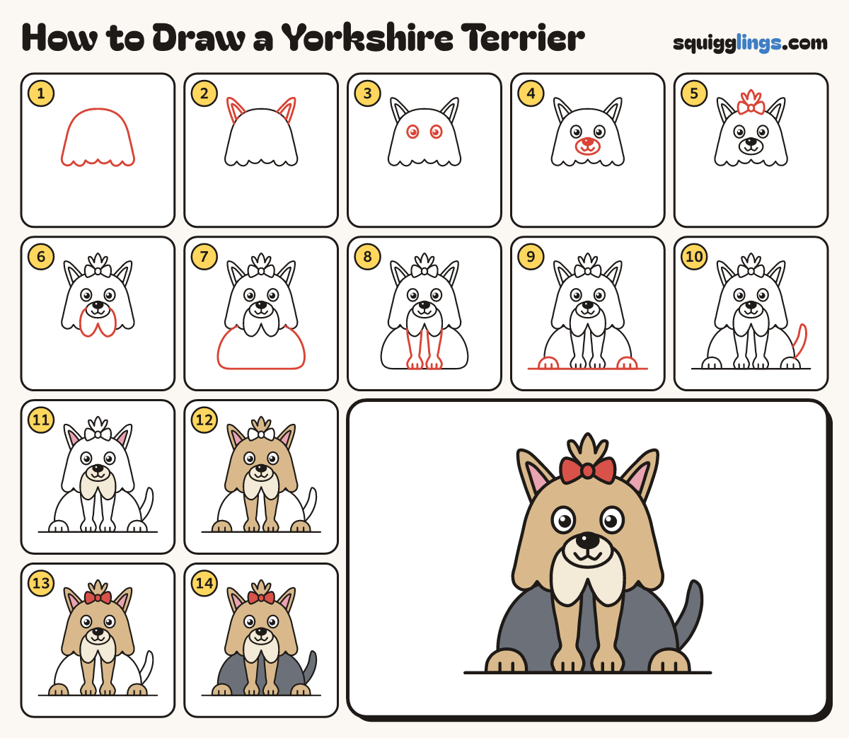 How to Draw a Yorkshire Terrier step by step: all 14 steps in one picture