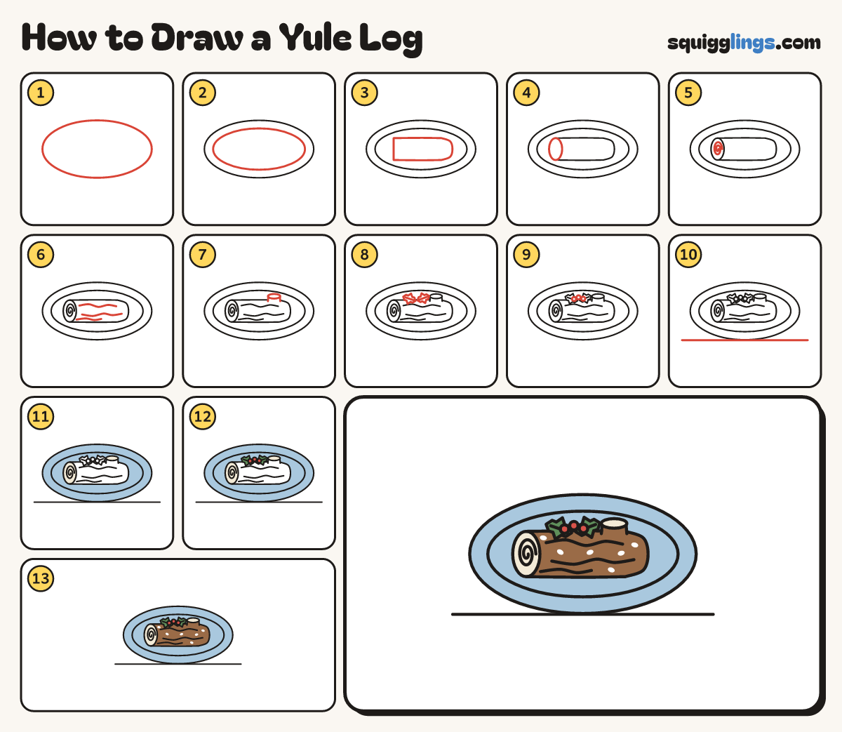 How to Draw a Yule Log step by step: all 13 steps in one picture