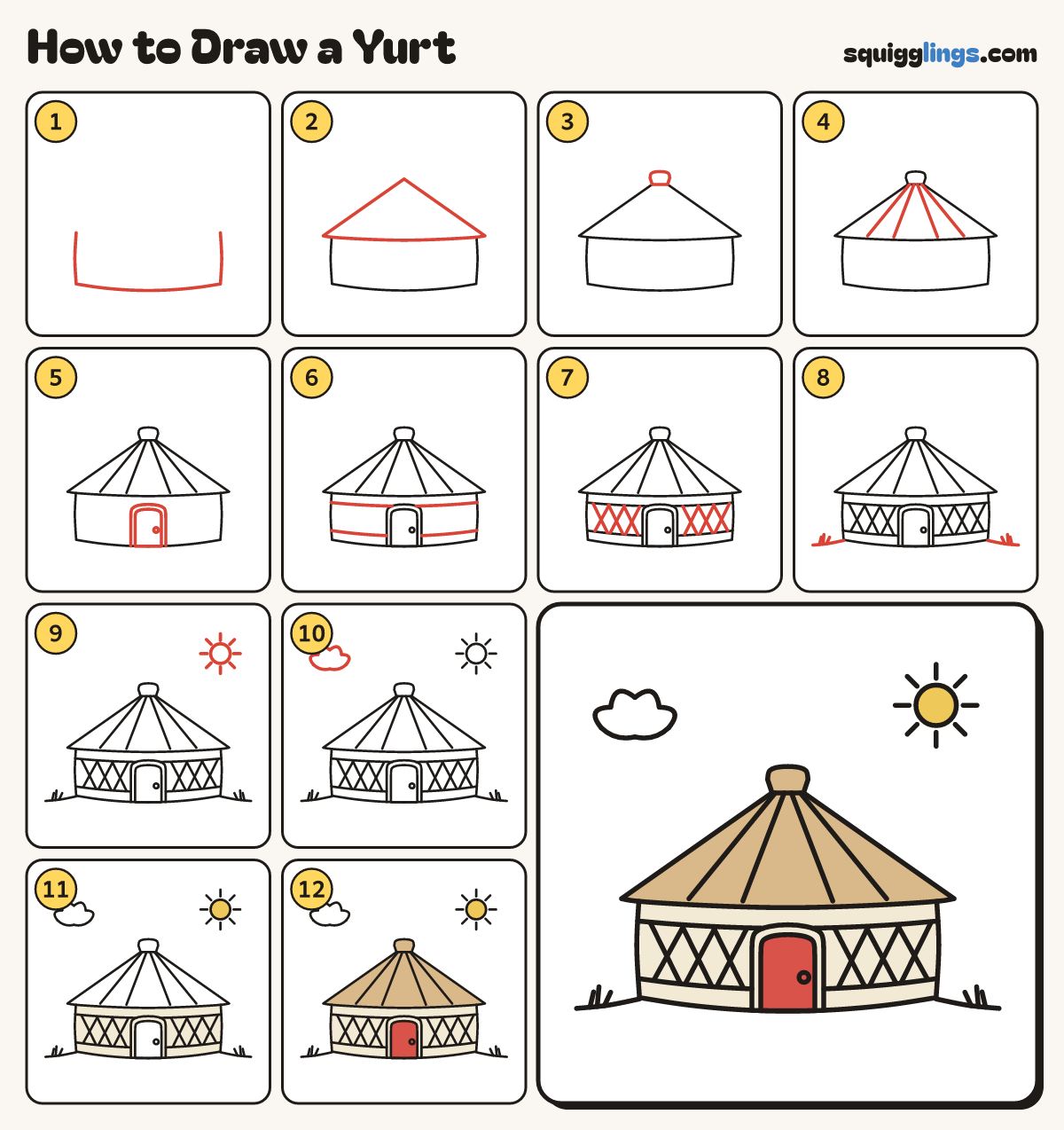 How to Draw a Yurt step by step: all 12 steps in one picture