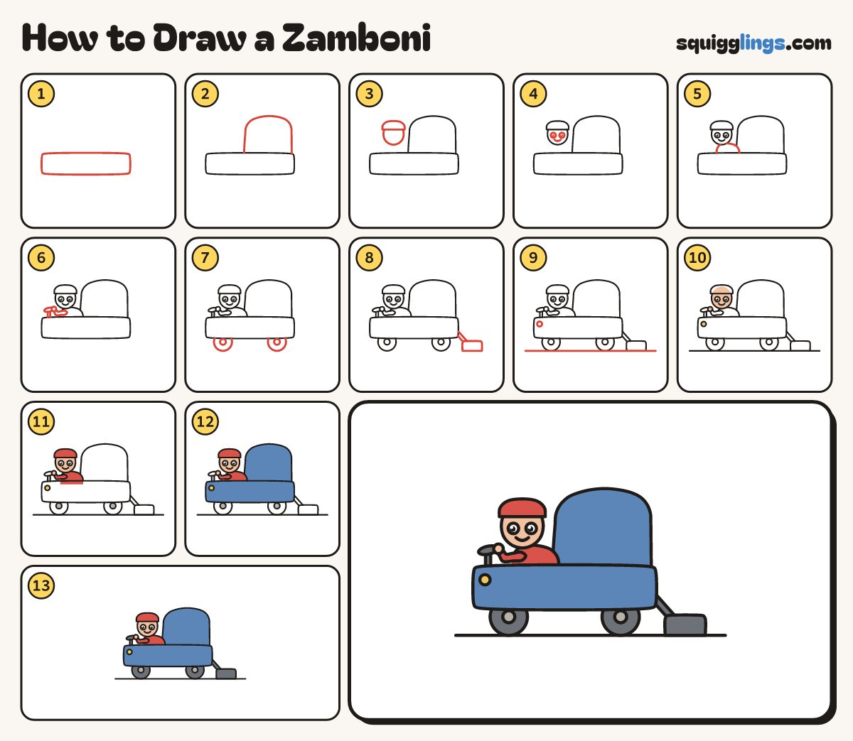 How to Draw a Zamboni step by step: all 13 steps in one picture