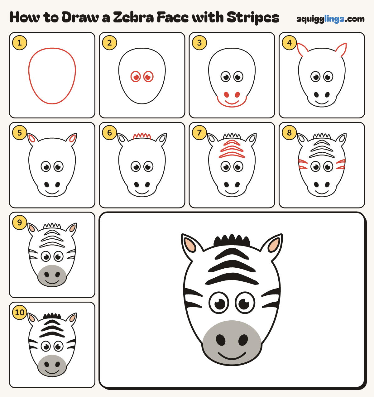 How to Draw a Zebra Face with Stripes step by step: all 10 steps in one picture