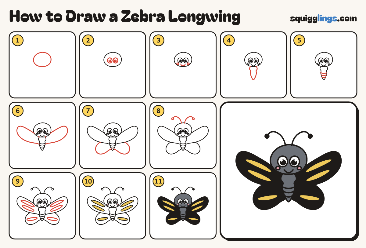 How to Draw a Zebra Longwing step by step: all 11 steps in one picture