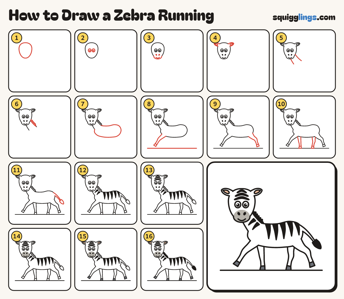 How to Draw a Zebra Running step by step: all 16 steps in one picture