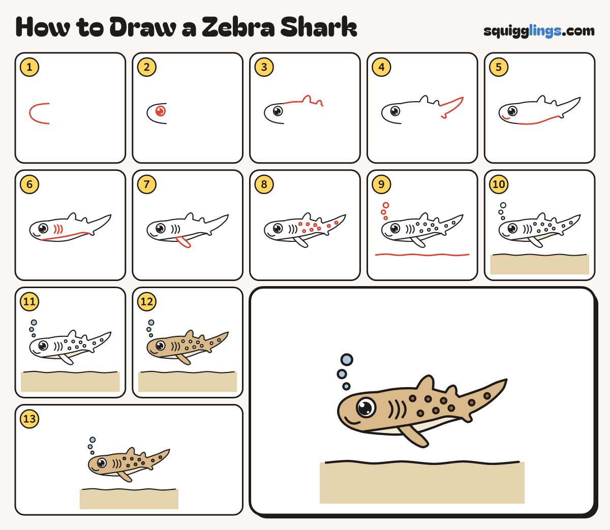 How to Draw a Zebra Shark step by step: all 13 steps in one picture