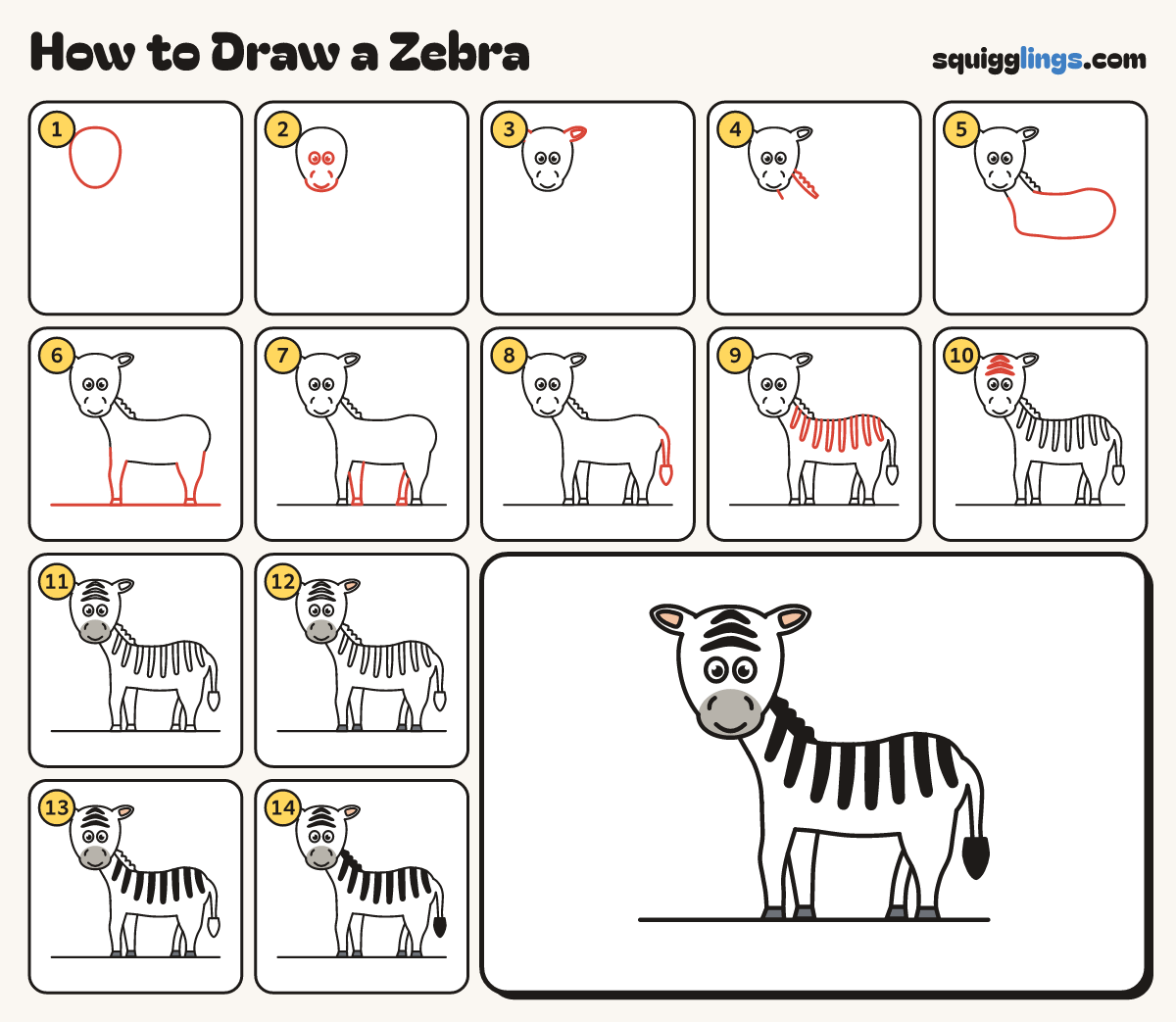 How to Draw a Zebra step by step: all 14 steps in one picture