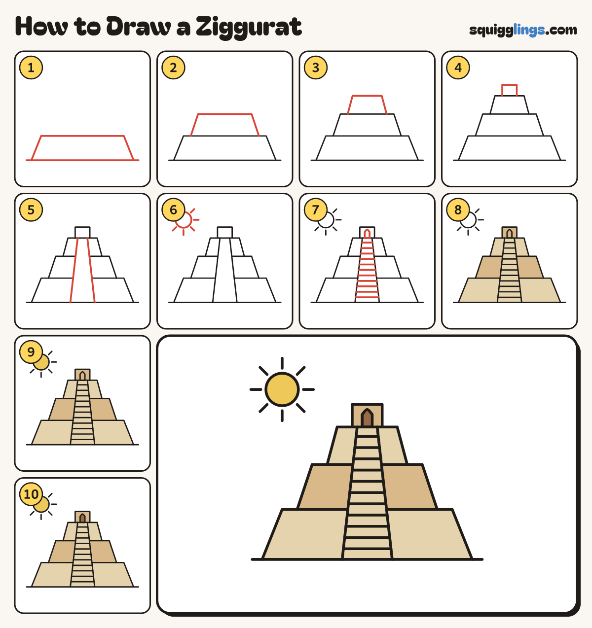 How to Draw a Ziggurat step by step: all 10 steps in one picture