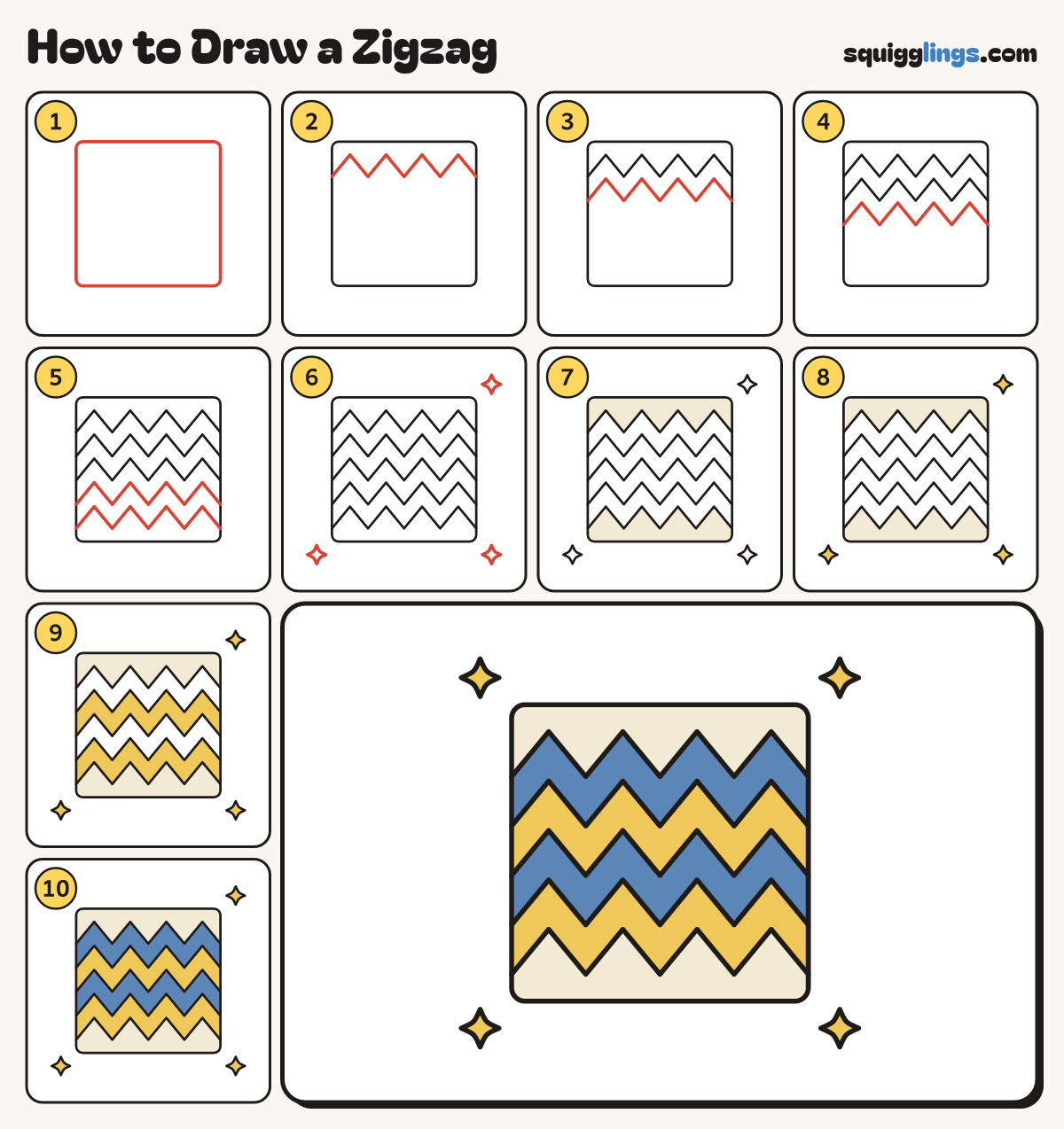 How to Draw a Zigzag step by step: all 10 steps in one picture