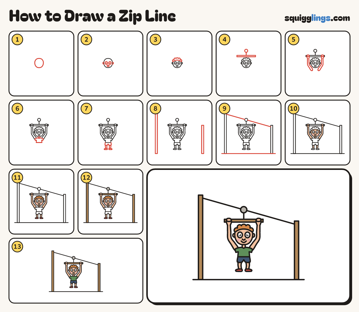 How to Draw a Zip Line step by step: all 13 steps in one picture