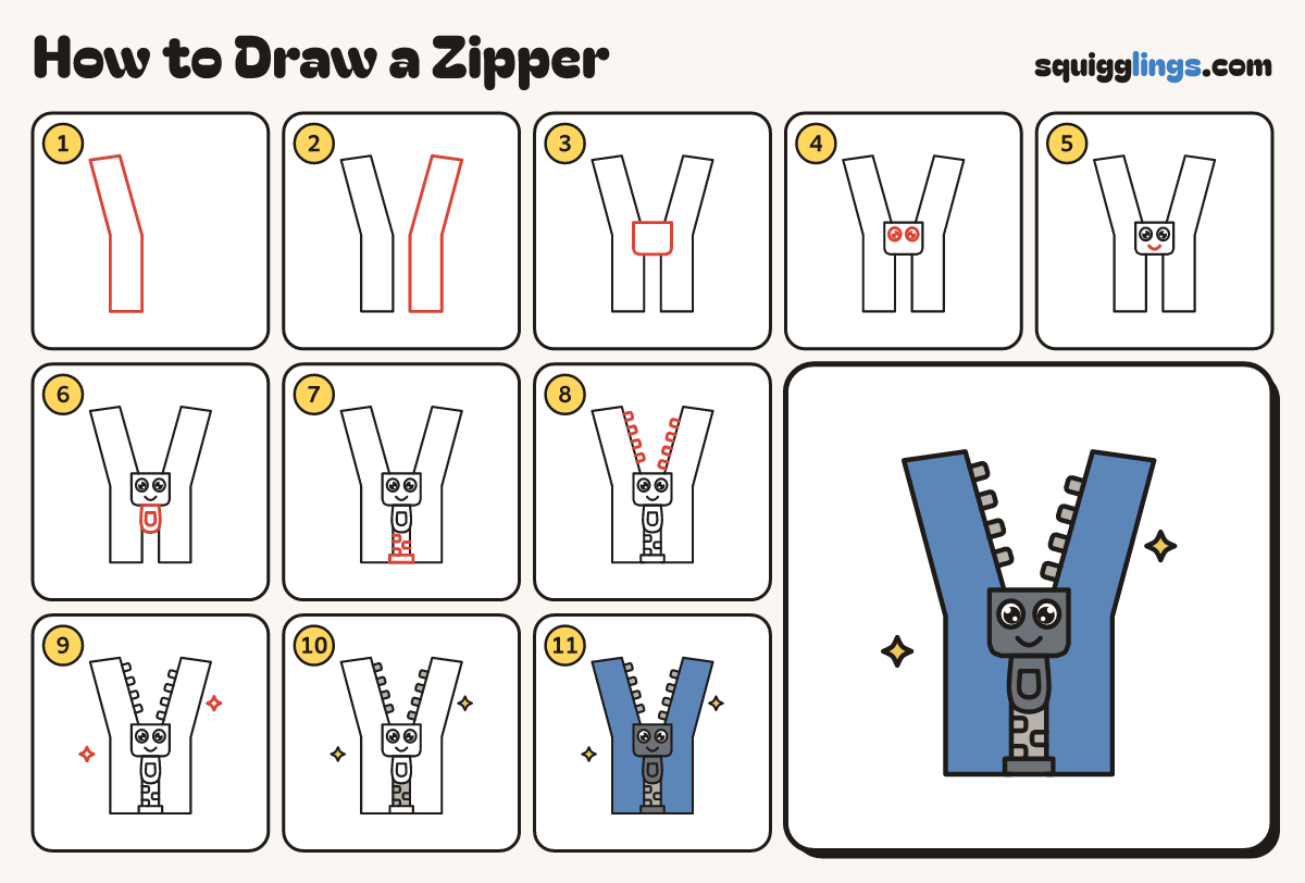 How to Draw a Zipper step by step: all 11 steps in one picture
