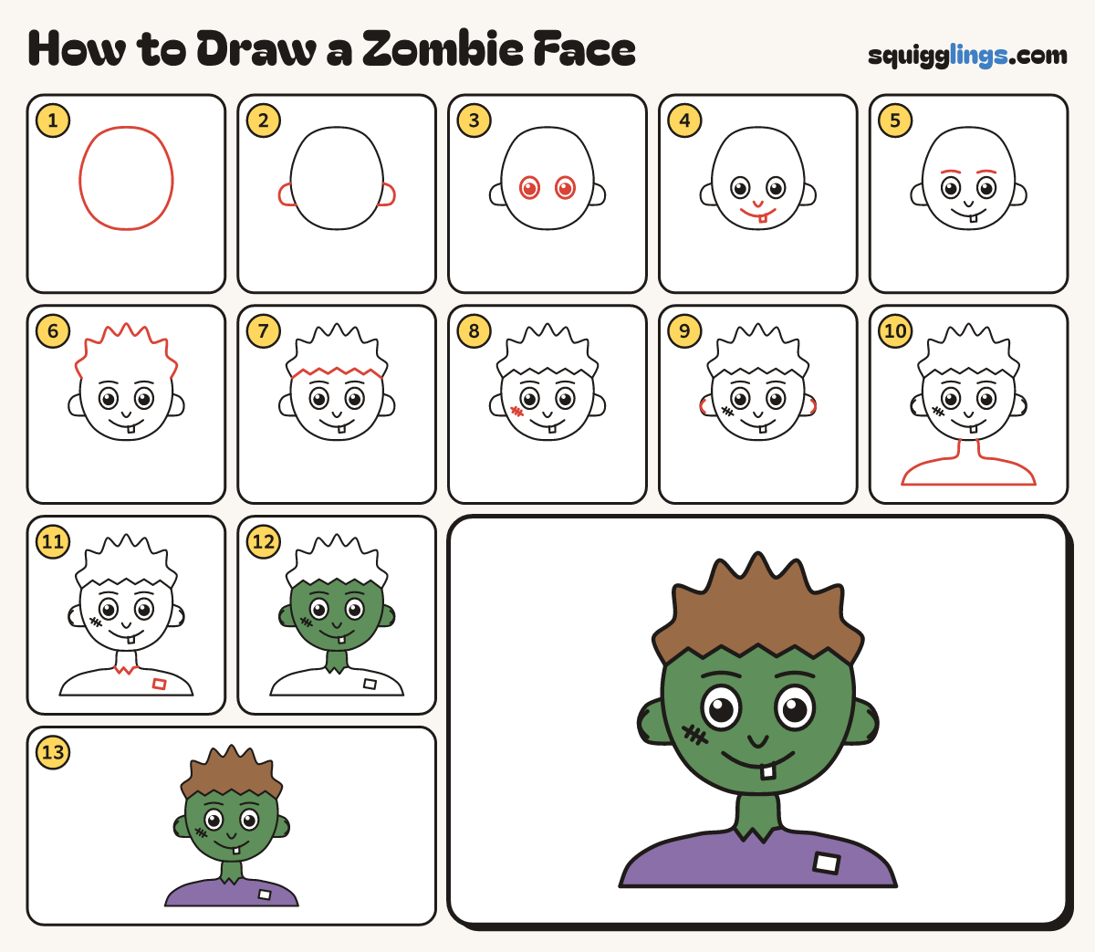How to Draw a Zombie Face step by step: all 13 steps in one picture