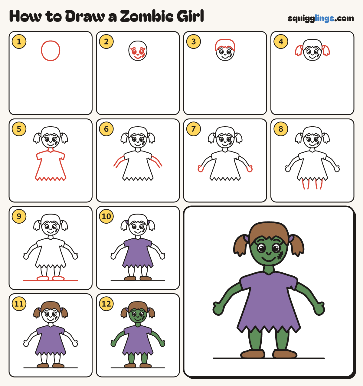 How to Draw a Zombie Girl step by step: all 12 steps in one picture